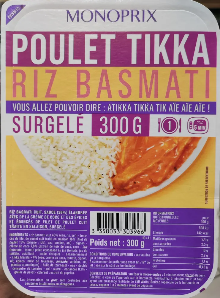 Poulet Tikka, Riz Basmati,Surgelés