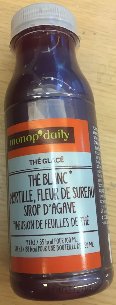 Thé glacé blanc myrtille, fleur de sureau, sirop d'agave