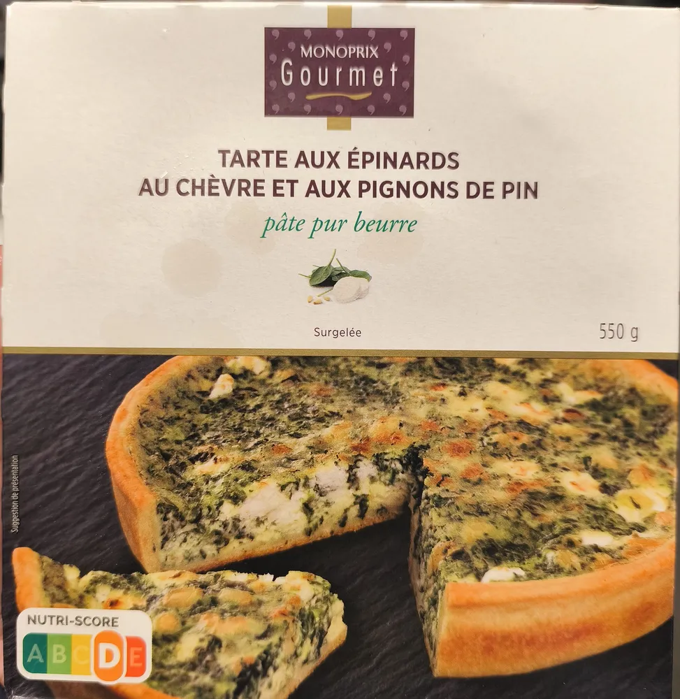 Tarte aux épinards, au chèvre et aux pignons de pin, pâte pur beurre, surgelée
