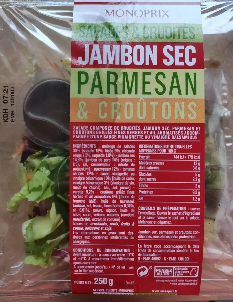Salade jambon sec parmesan croûtons