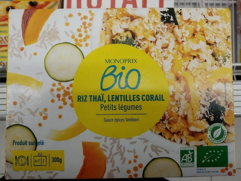 Riz Thaï, lentilles corail, petits légumes et sauces tandoori