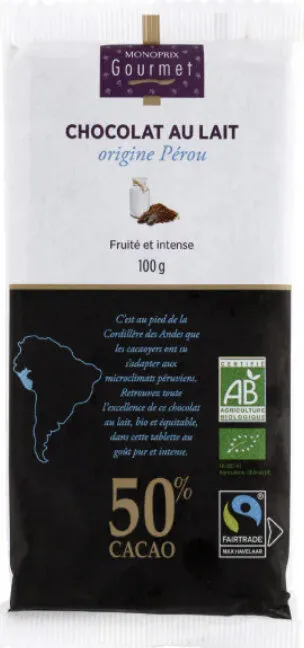 Chocolat au lait origine Pérou 50% cacao