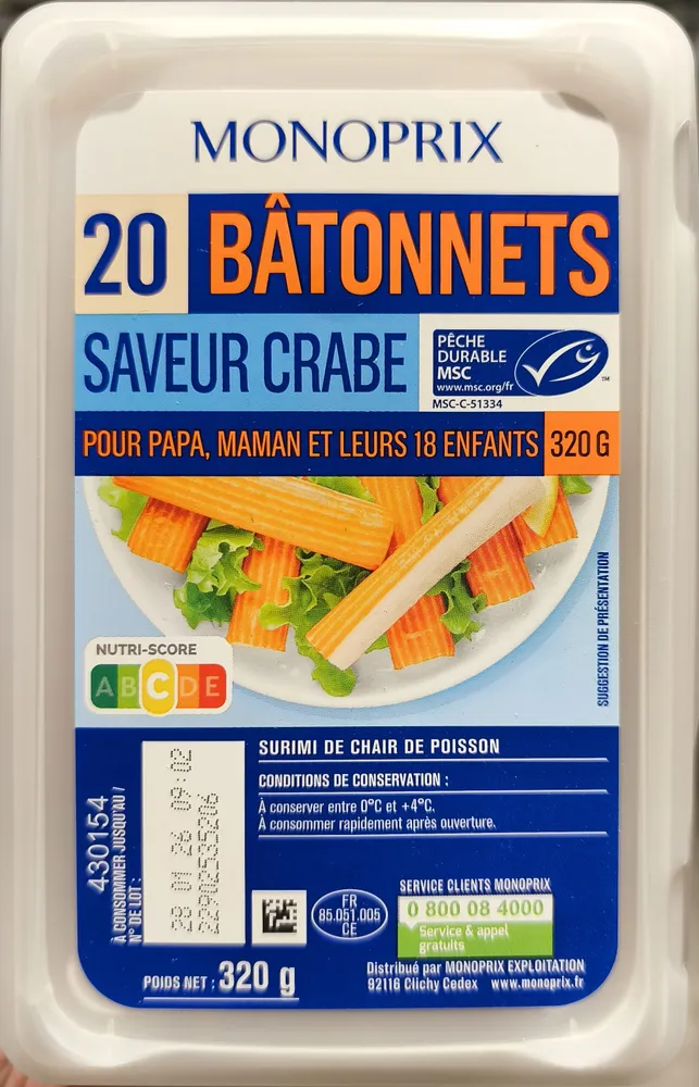 20 bâtonnets de surimi à la chair de poissons sauvages