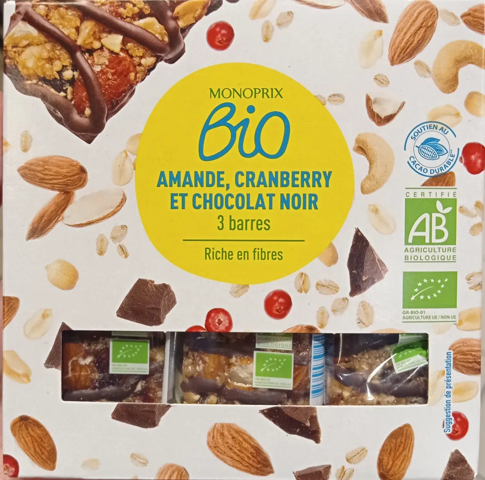 Barres amande cranberry et chocolat noir