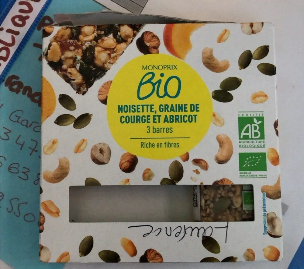 Noisette, graine de courge et abricot, 3 barres