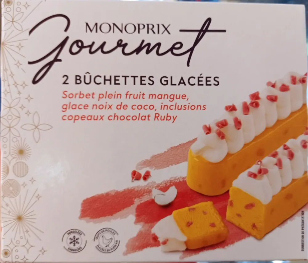2 BÛCHETTES GLACÉES Sorbet plein fruit mangue, glace noix de coco, inclusions copeaux chocolat Ruby