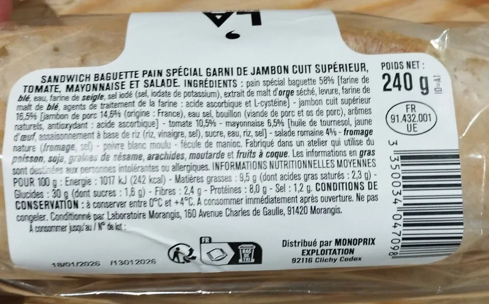 Sandwich Jambon Crudité Mayonnaise