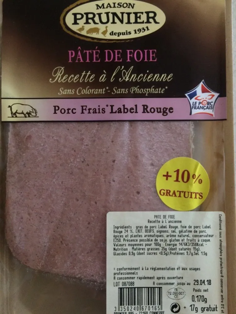 Prunier Pâté de foie la barquette de 170 g