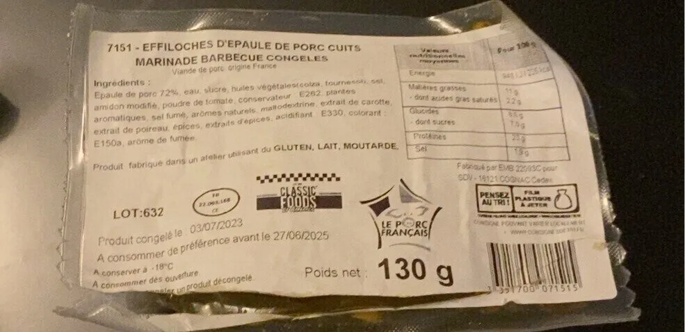Effiloches d’épaule de porc cuits marinade barbecue congelés