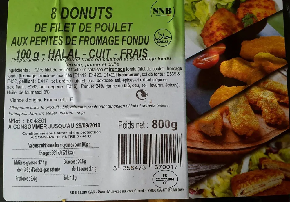8 DONUTS de filet de poulet aux pépites de fromage fondu