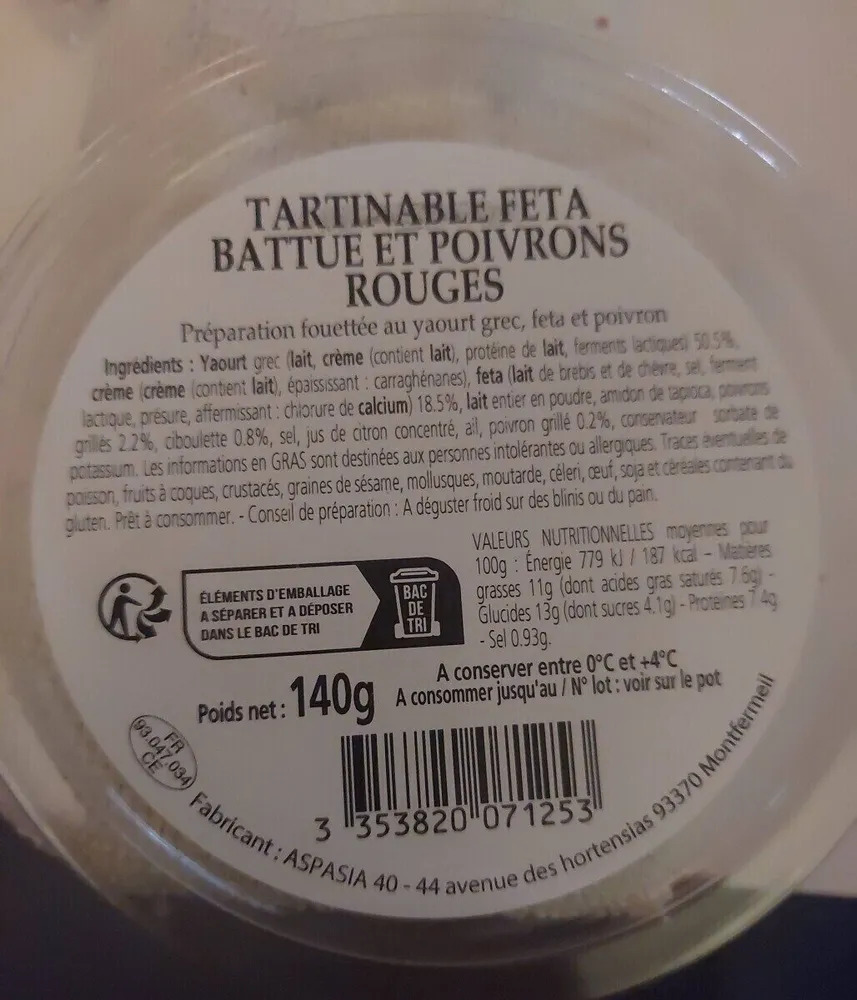Tartinade fêta battue et poivrons rouges