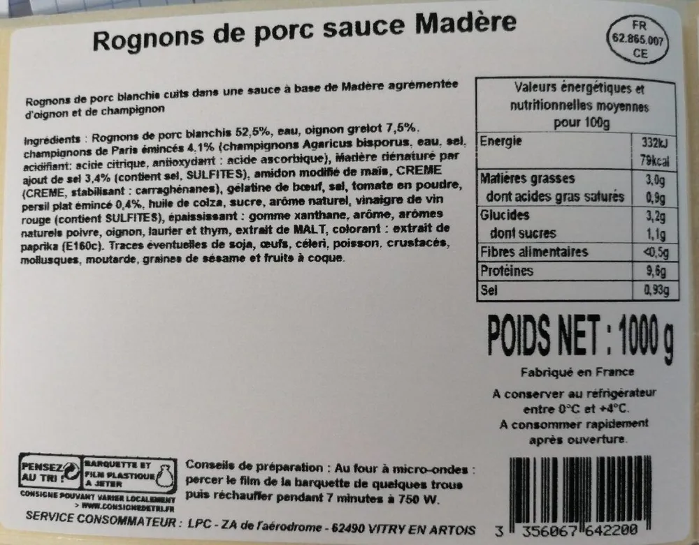 Rognons de porc sauce madère