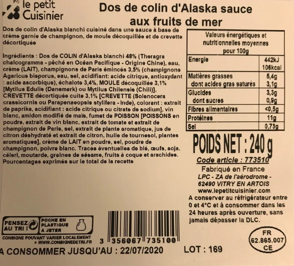Dos de colin d'Alaska sauce aux fruits de mer