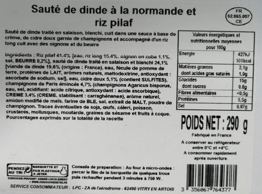 Sauté de dinde à la normande et riz pilaf