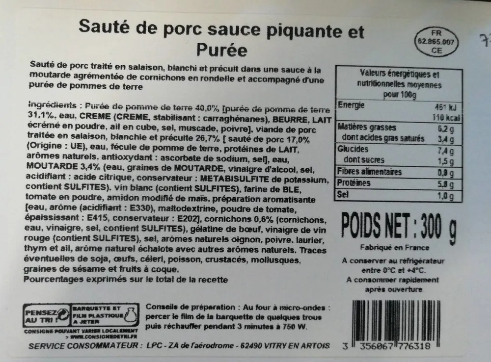 Sauté de porc sauce piquante et purée