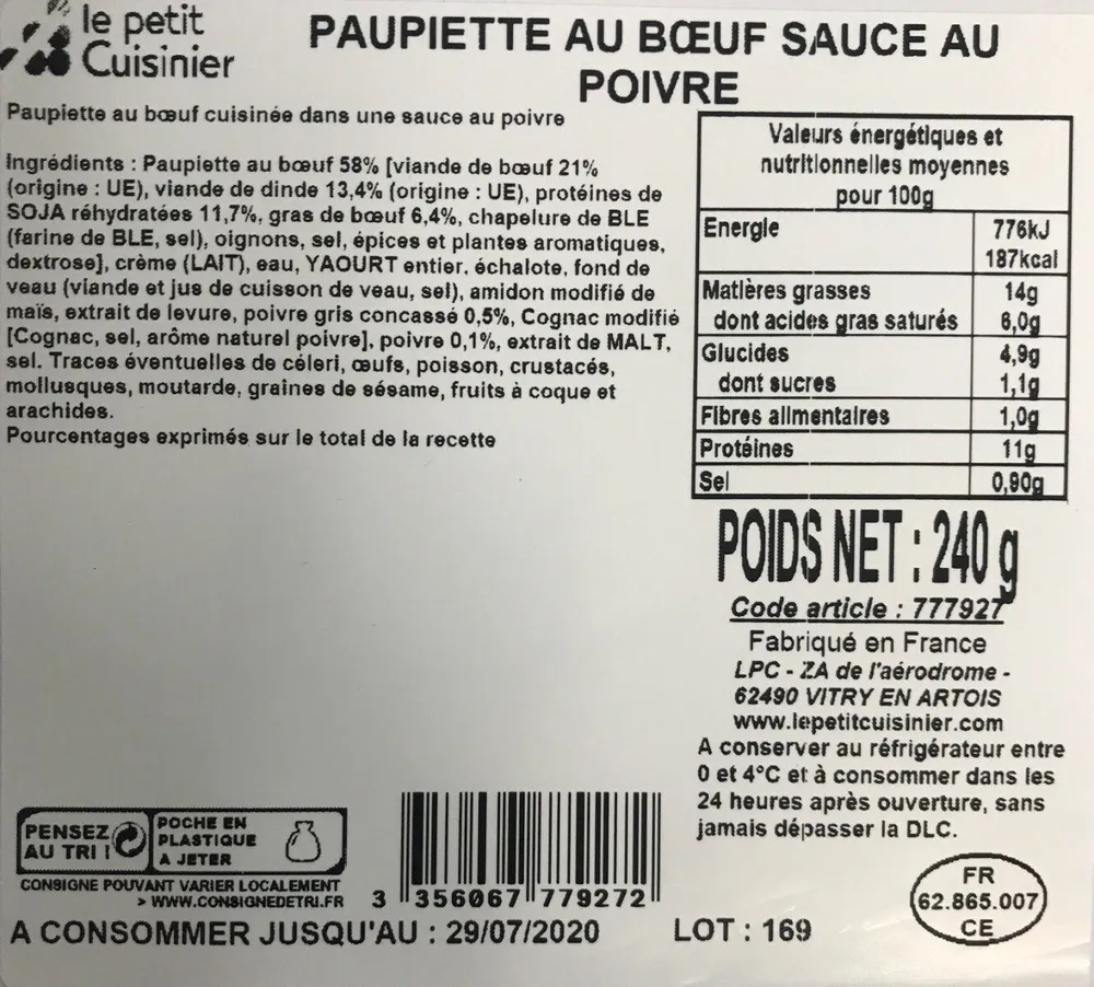 Paupiette au boeuf sauce au poivre