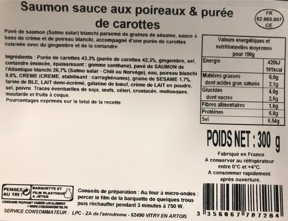 Saumon sauce aux poireaux et écrasé de Pdt / carottes