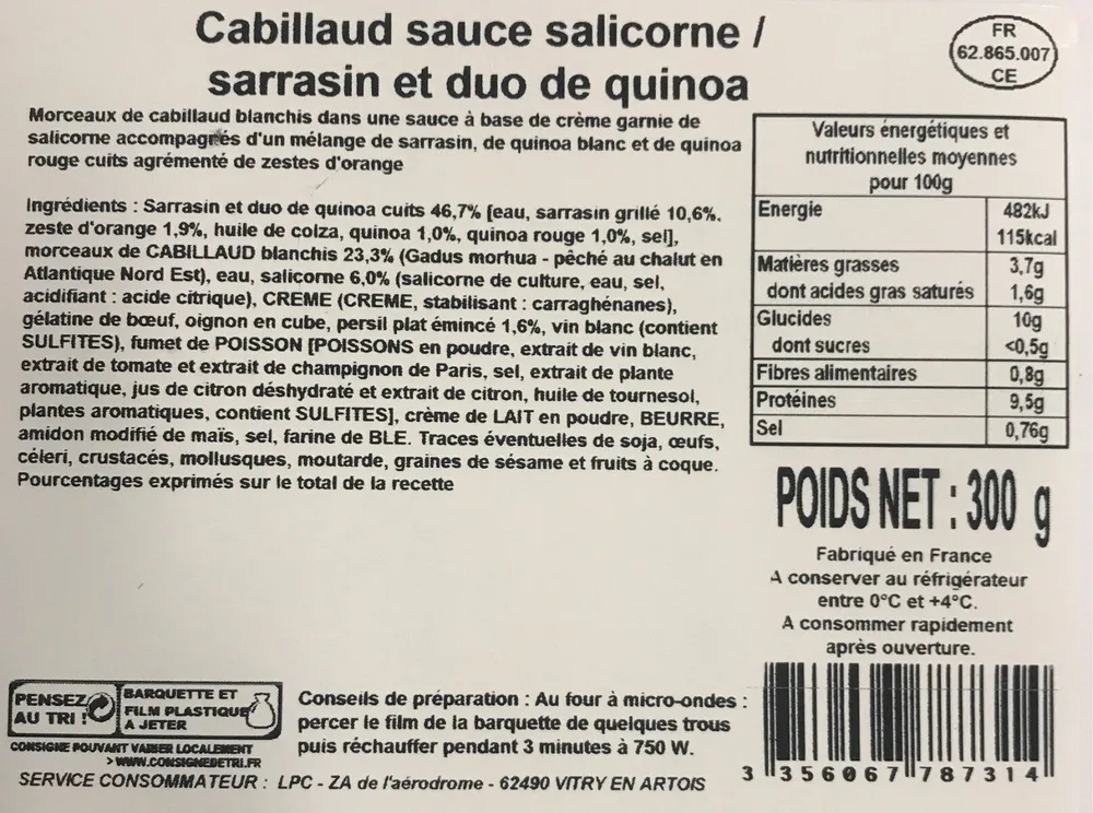 Cabillaud sauce salicorne / sarrasin et duo de quinoa