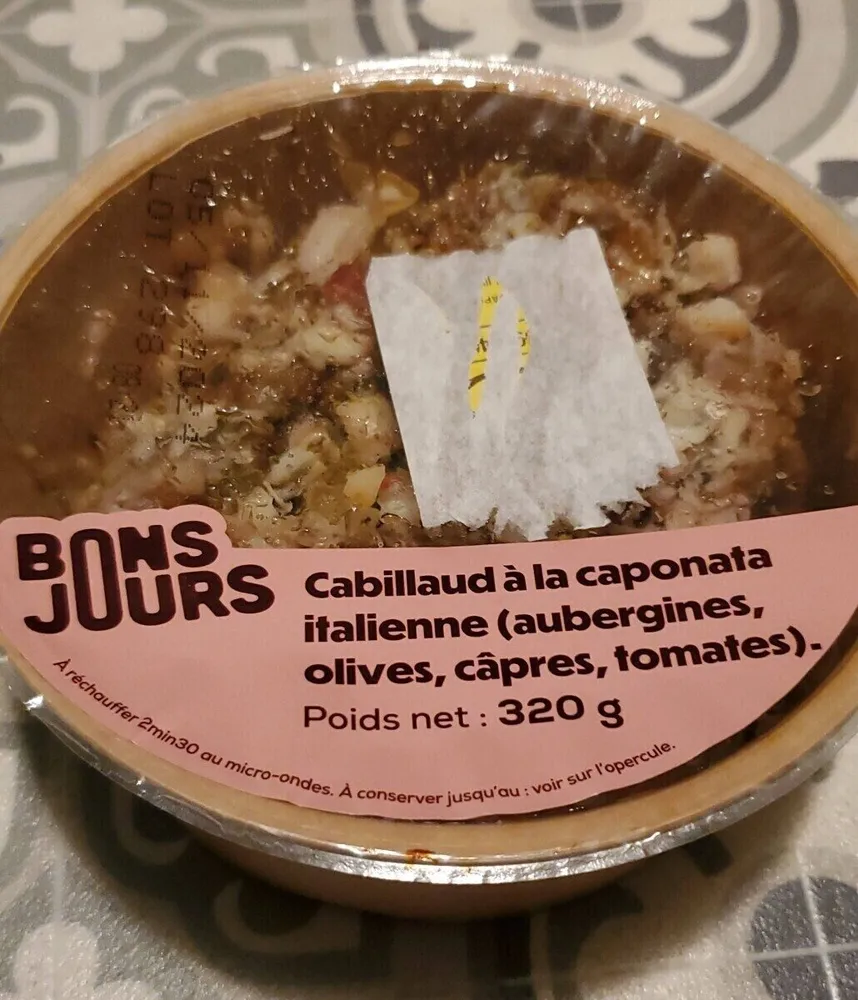 Cabillaud à la caponata italienne ( aubergine, olives,câpres, tomates)