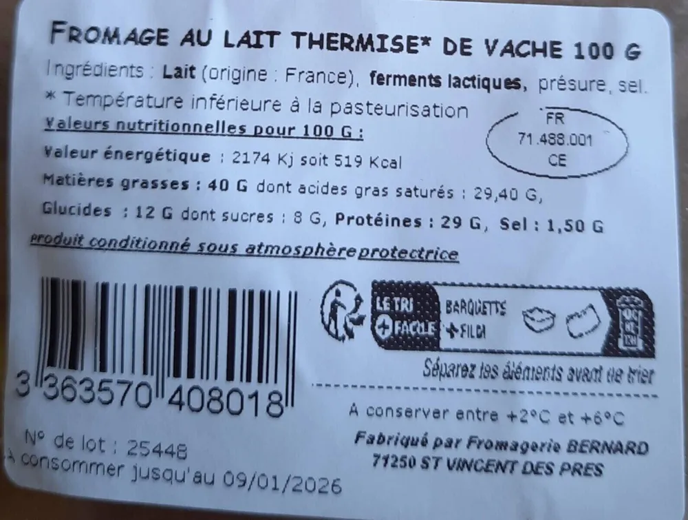Fromage au lait thermisé de vache