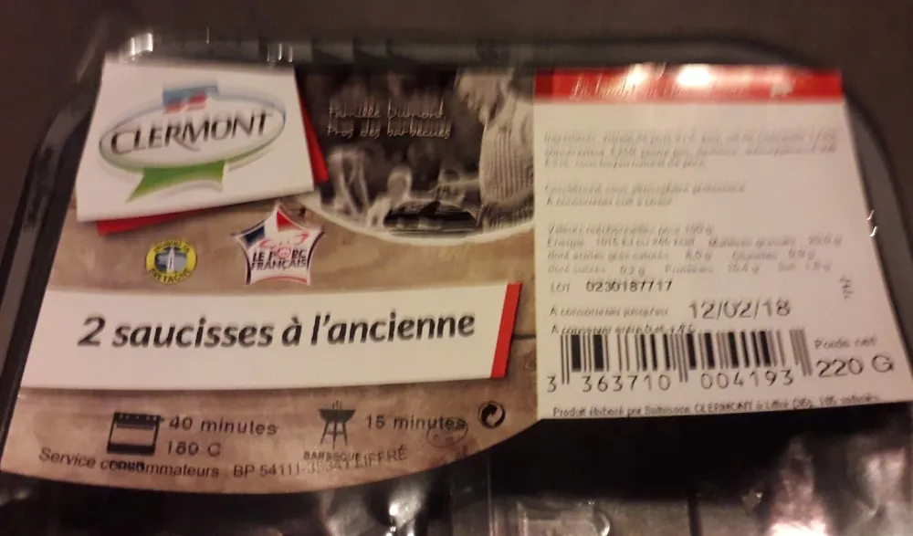 Clermont, 2 saucisses a l'ancienne au sel de guerande, la barquette de 220 gr