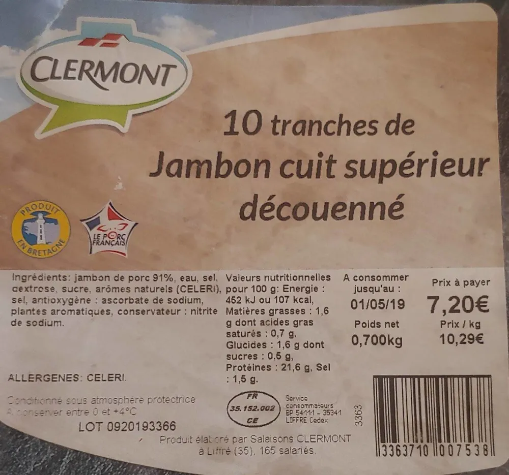 10 tranches de jambon cuit supérieur découenné