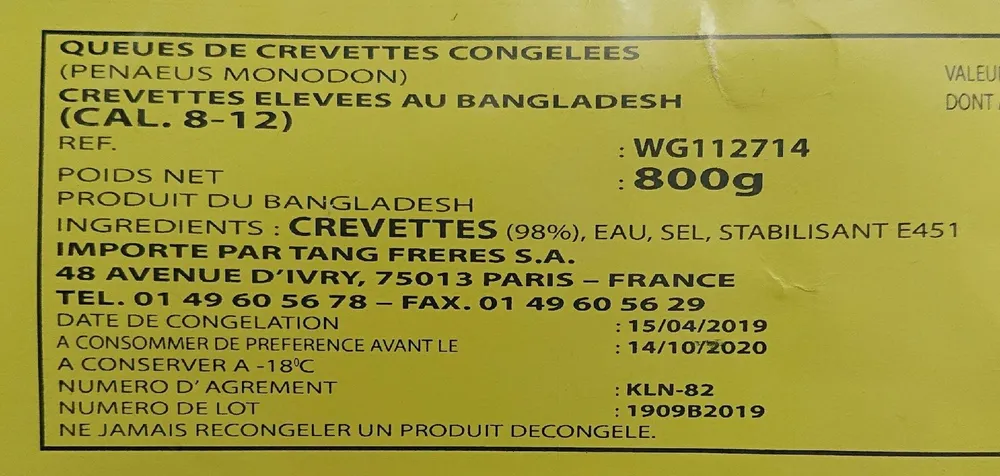 Queue de crevettes congelées