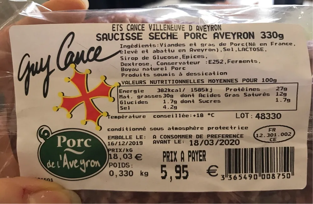 Saussice sèche porc aveyron