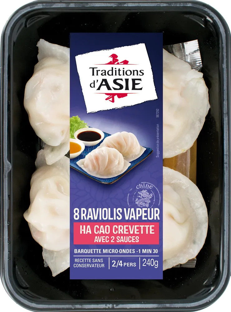 8 raviolis vapeur, Ha Cao crevette avec sauce aigre-douce et sauce soja