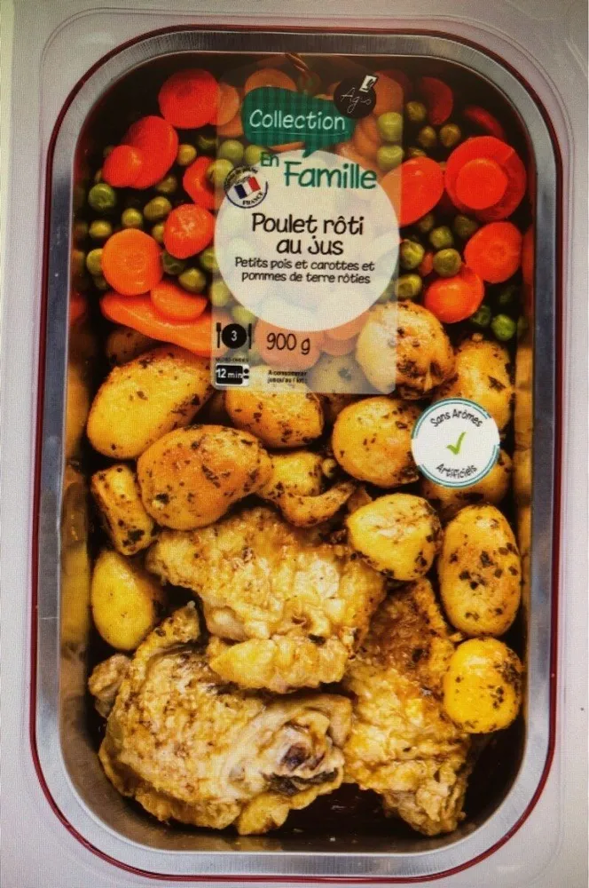 Poulet rôti, petits pois carottes