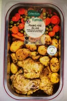 Poulet rôti, petits pois carottes