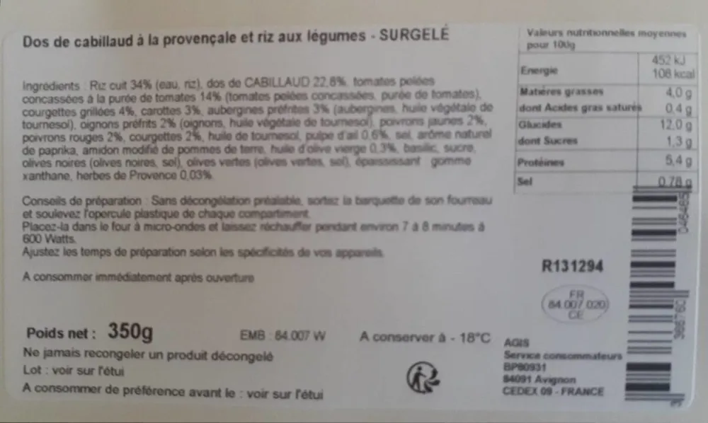 Dos de cabillaud à la provençale et riz aux légumes