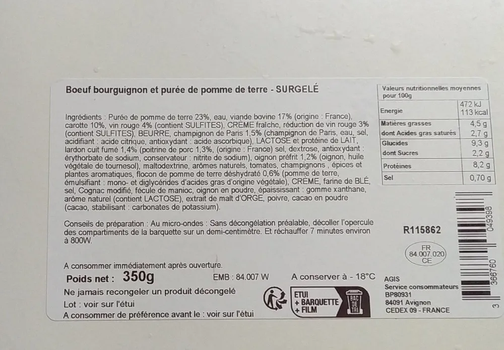 Bœuf bourguignon et purée de pomme de terre