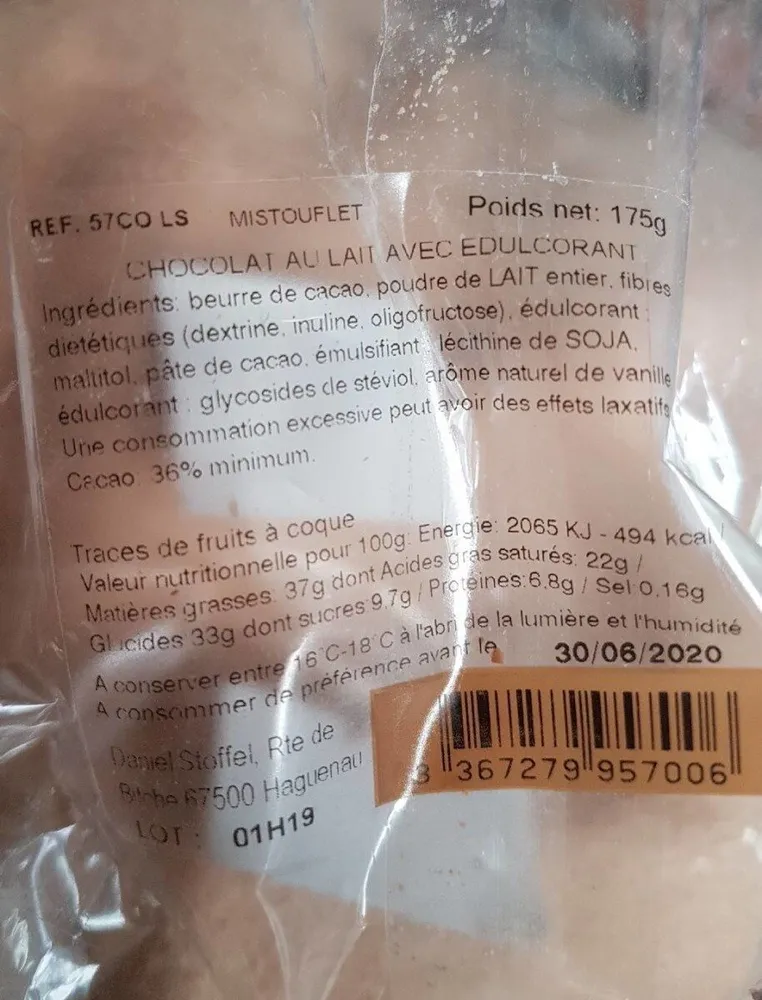 Chocolat au lait avec édulcorant