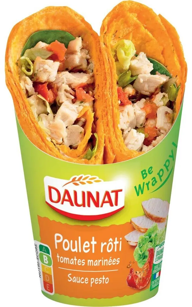 Be wrappy poulet rôti, tomates marinées, sauce pesto