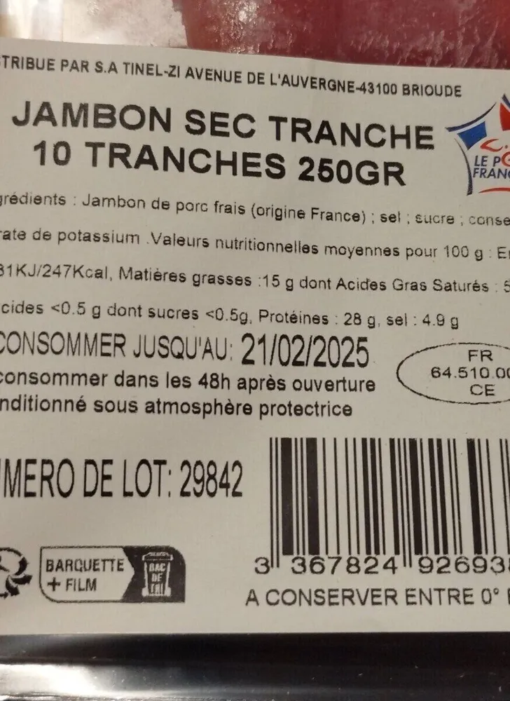 Jambon sec tranche