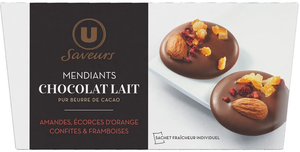 Mendiants au chocolat lait amandes et framboise et écorce d'orange Saveurs