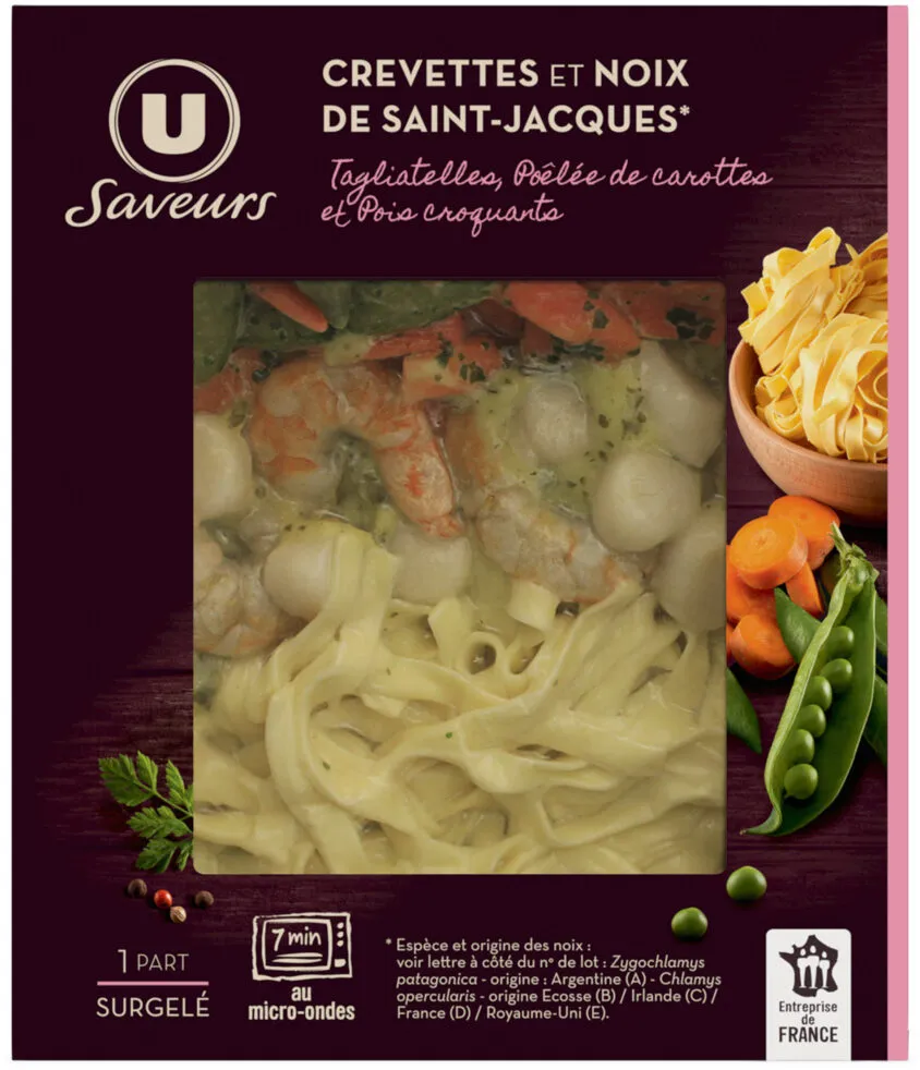 Crevettes et noix de coquilles saint jacques poêlée de carotte et poiscroquants surgelés