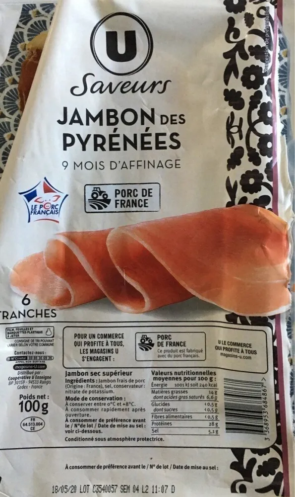 jambon sec des Pyrénées 9 mois 6 tranches, 100g