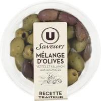 Mélanges d'olives vertes et kalamon aux arômates 150g