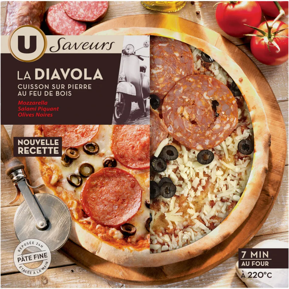 Pizza diavola à base de fromages Provolone et de salami piquant