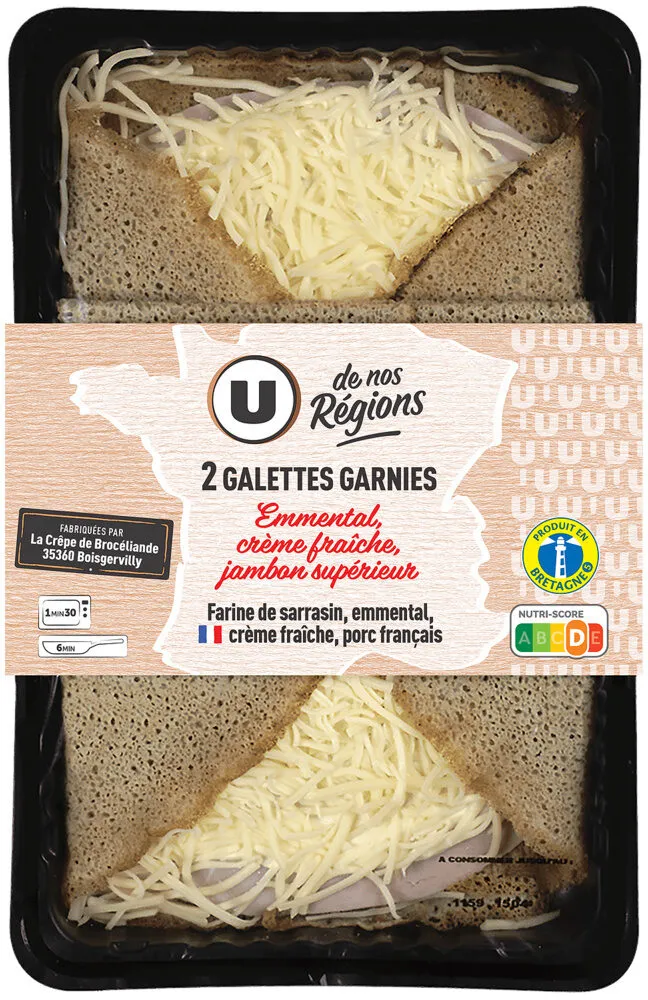 Galettes de blé noir, garnies de jambon supérieur et emmental , x2, 300g