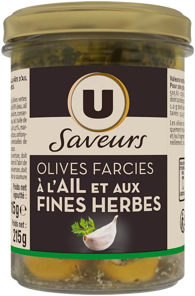 Olives vertes farcies à la pate d'ail complétées de fines herbes