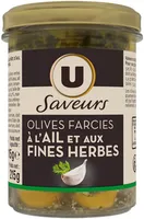 Olives vertes farcies à la pate d'ail complétées de fines herbes