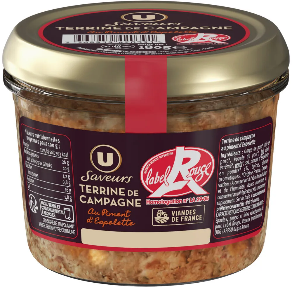 Terrine de campagne au piment d'Espelette Label Rouge , Bocal 180g