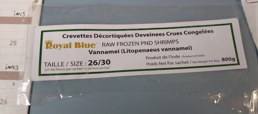 Crevettes décortiquées deveinees crues congelées
