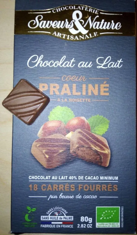 Chocolat au lait cœur praliné à la noisette