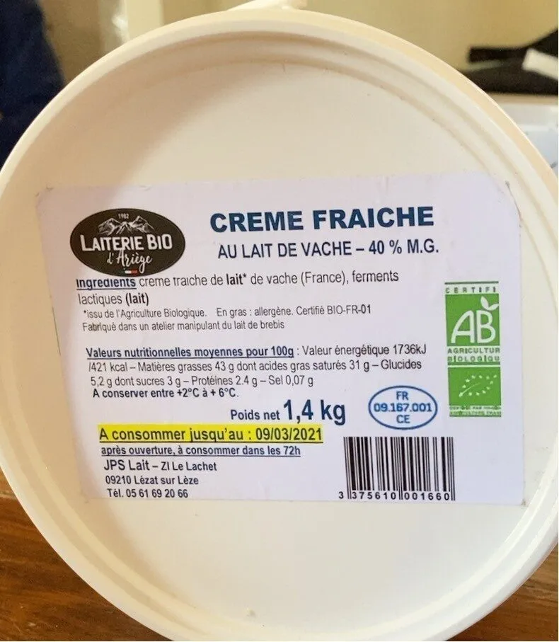 Crème fraiche, au lait de vache, 40% MG
