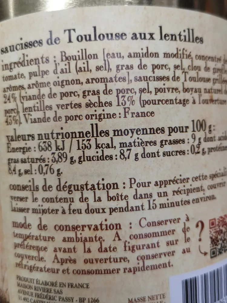Saucisses de toulouse aux lentilles MAISON RIVIERE, boîte 4/4
