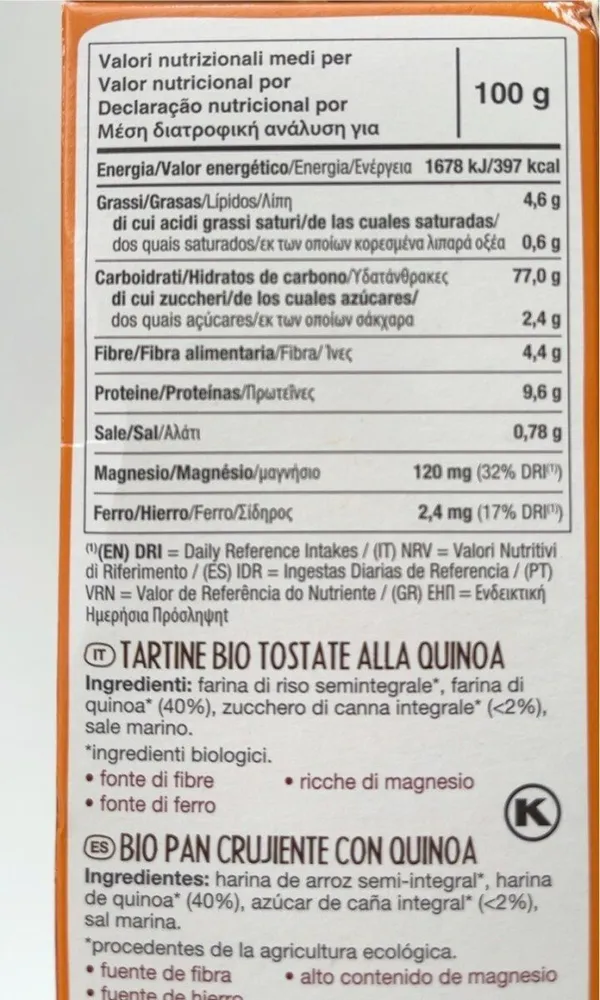 Pan ecológico crujiente de quinoa sin gluten
